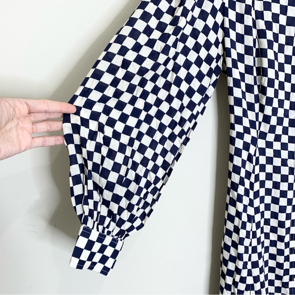 NEW RIXO Maddison Shirtdress (Sz XS) Long Sleeve Midi Navy Cream Checkerboard - Picture 7 of 16